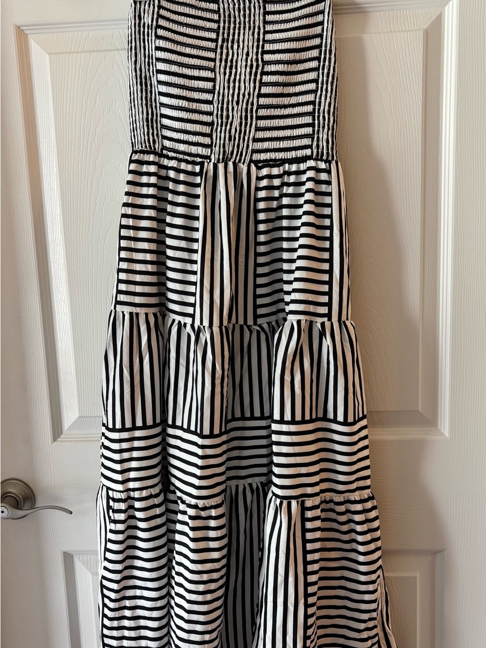 Cider Black and White Striped Smocked Tiered Maxi Dress